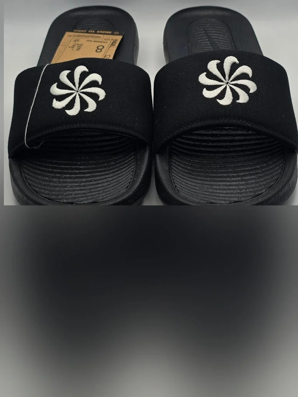 Nike Victori One Black Slide Sandals with White Floral Logo